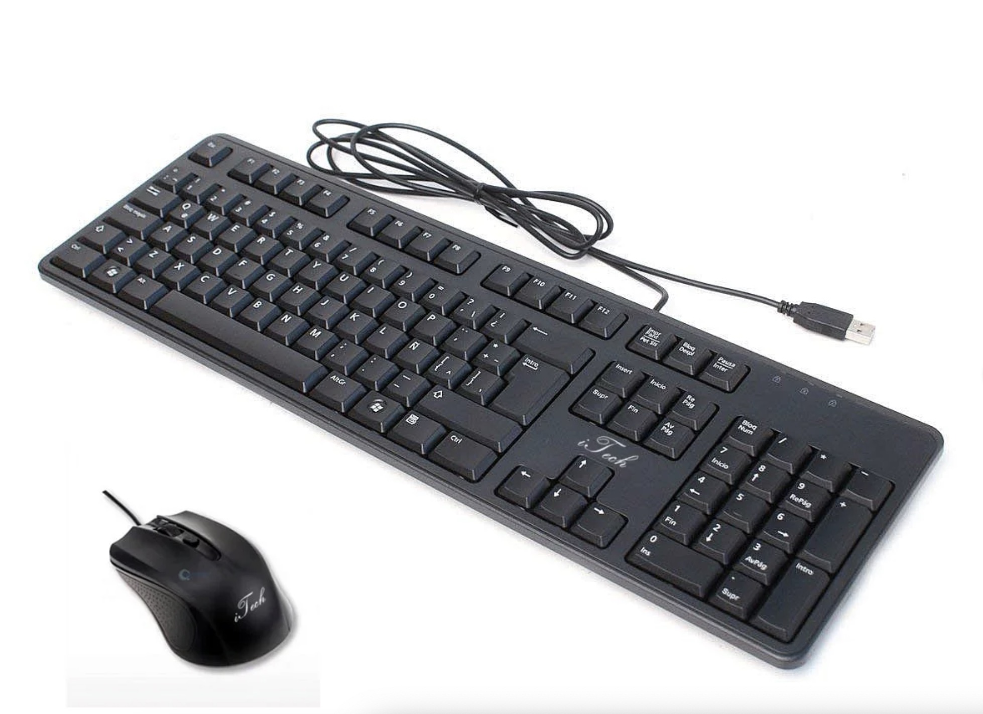 iTech USB Wired Computer Keyboard and Wired Mouse Bundle Pack - Black - English